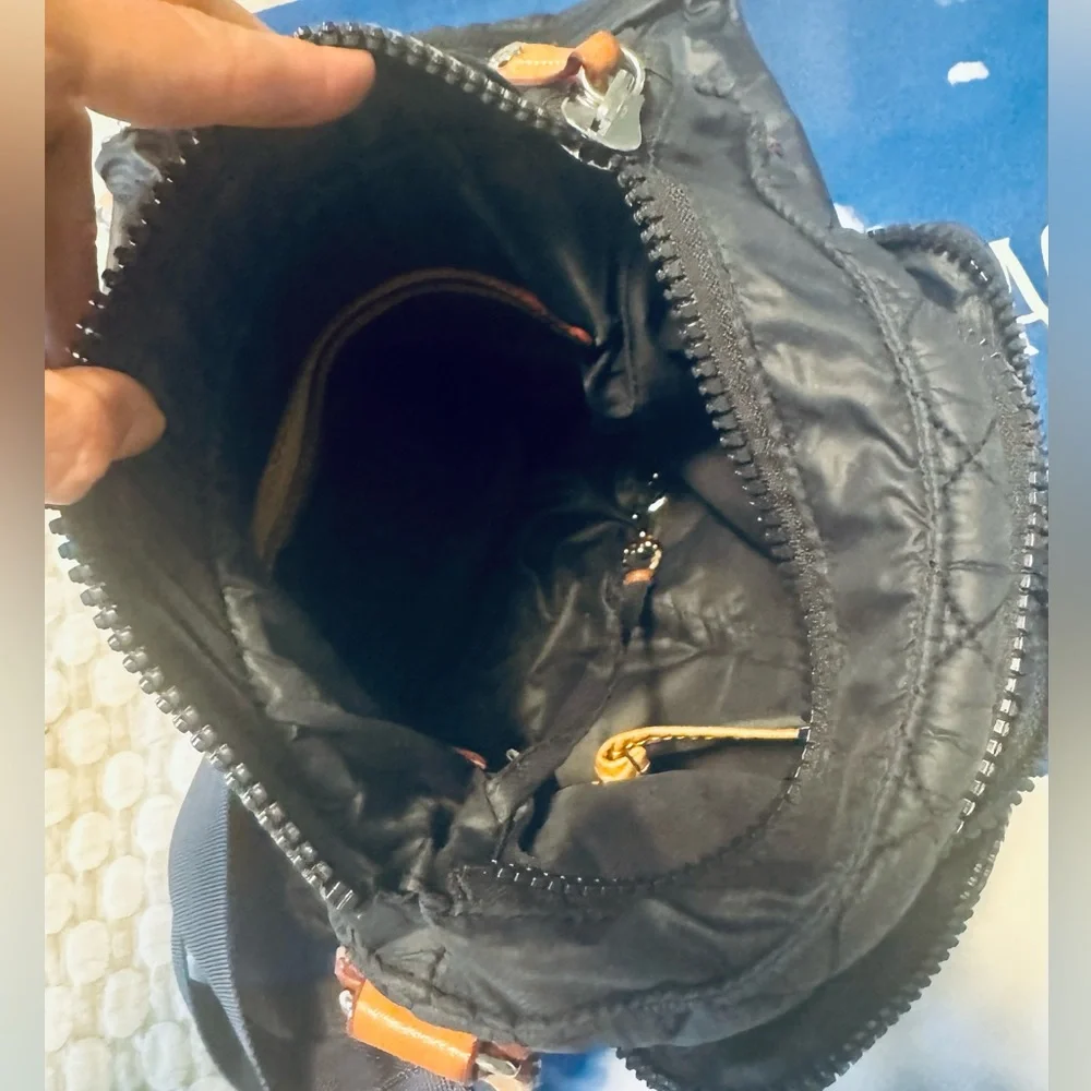 MZ Wallace Black Quilted Nylon Crossbody Bag with Brown Leather Accents